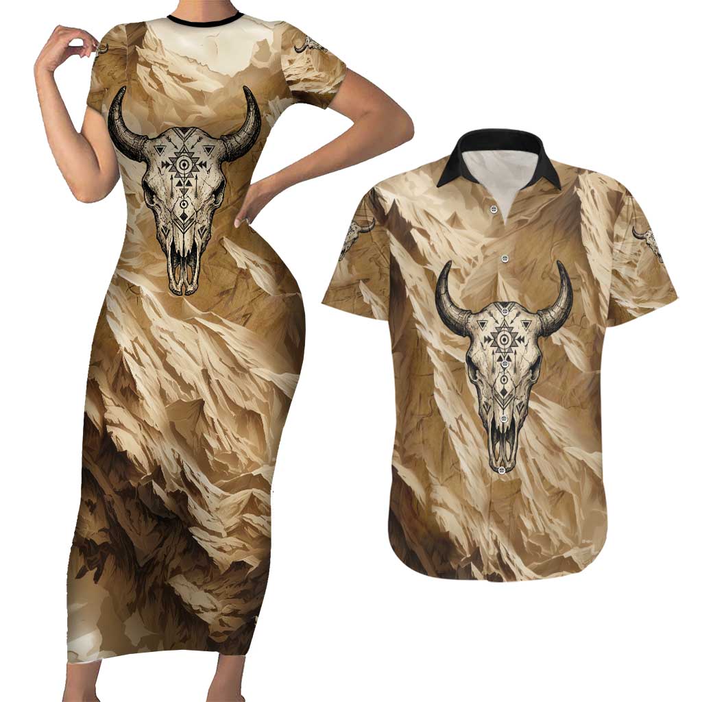 Buffalo Skull Native American Couples Matching Short Sleeve Bodycon Dress and Hawaiian Shirt Tribal Symbols and Mountain Scene Great Herd and Plains Guardians - Wonder Print Shop