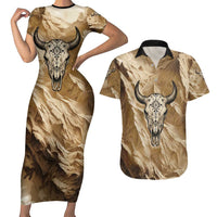 Buffalo Skull Native American Couples Matching Short Sleeve Bodycon Dress and Hawaiian Shirt Tribal Symbols and Mountain Scene Great Herd and Plains Guardians - Wonder Print Shop
