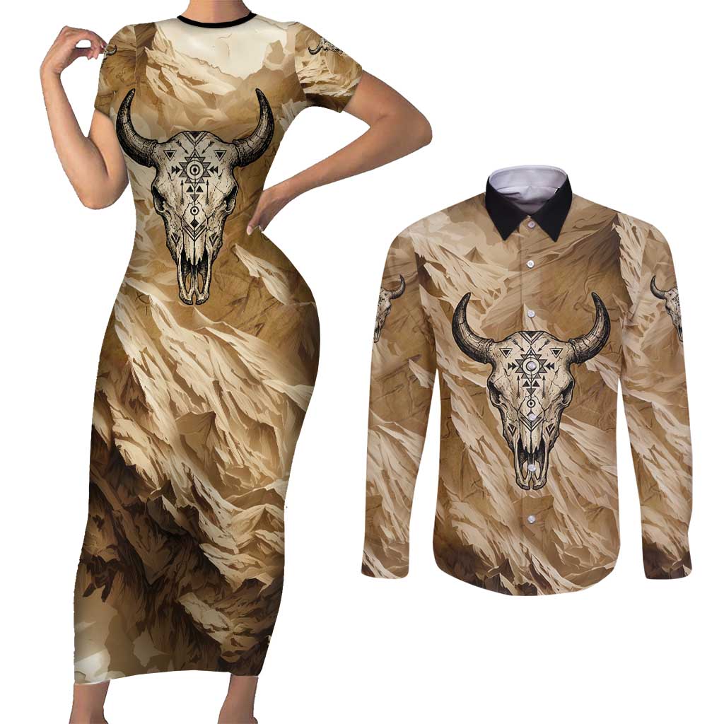 Buffalo Skull Native American Couples Matching Short Sleeve Bodycon Dress and Long Sleeve Button Shirt Tribal Symbols and Mountain Scene Great Herd and Plains Guardians - Wonder Print Shop