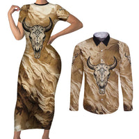 Buffalo Skull Native American Couples Matching Short Sleeve Bodycon Dress and Long Sleeve Button Shirt Tribal Symbols and Mountain Scene Great Herd and Plains Guardians - Wonder Print Shop