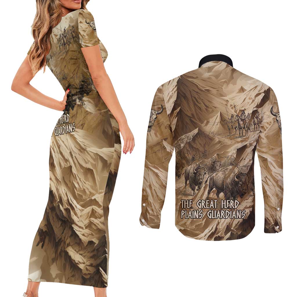 Buffalo Skull Native American Couples Matching Short Sleeve Bodycon Dress and Long Sleeve Button Shirt Tribal Symbols and Mountain Scene Great Herd and Plains Guardians - Wonder Print Shop