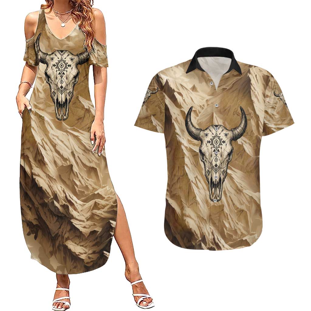 Buffalo Skull Native American Couples Matching Summer Maxi Dress and Hawaiian Shirt Tribal Symbols and Mountain Scene Great Herd and Plains Guardians - Wonder Print Shop