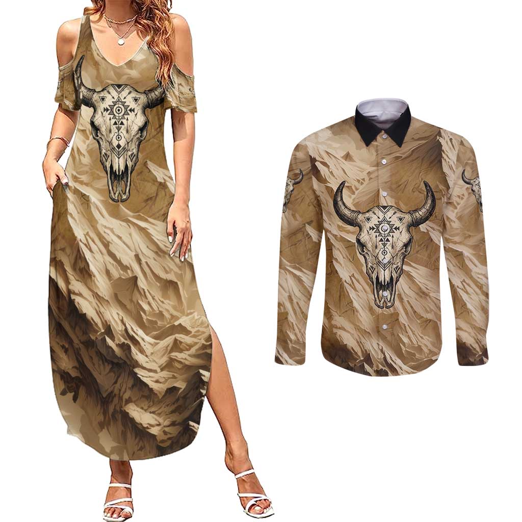 Buffalo Skull Native American Couples Matching Summer Maxi Dress and Long Sleeve Button Shirt Tribal Symbols and Mountain Scene Great Herd and Plains Guardians - Wonder Print Shop