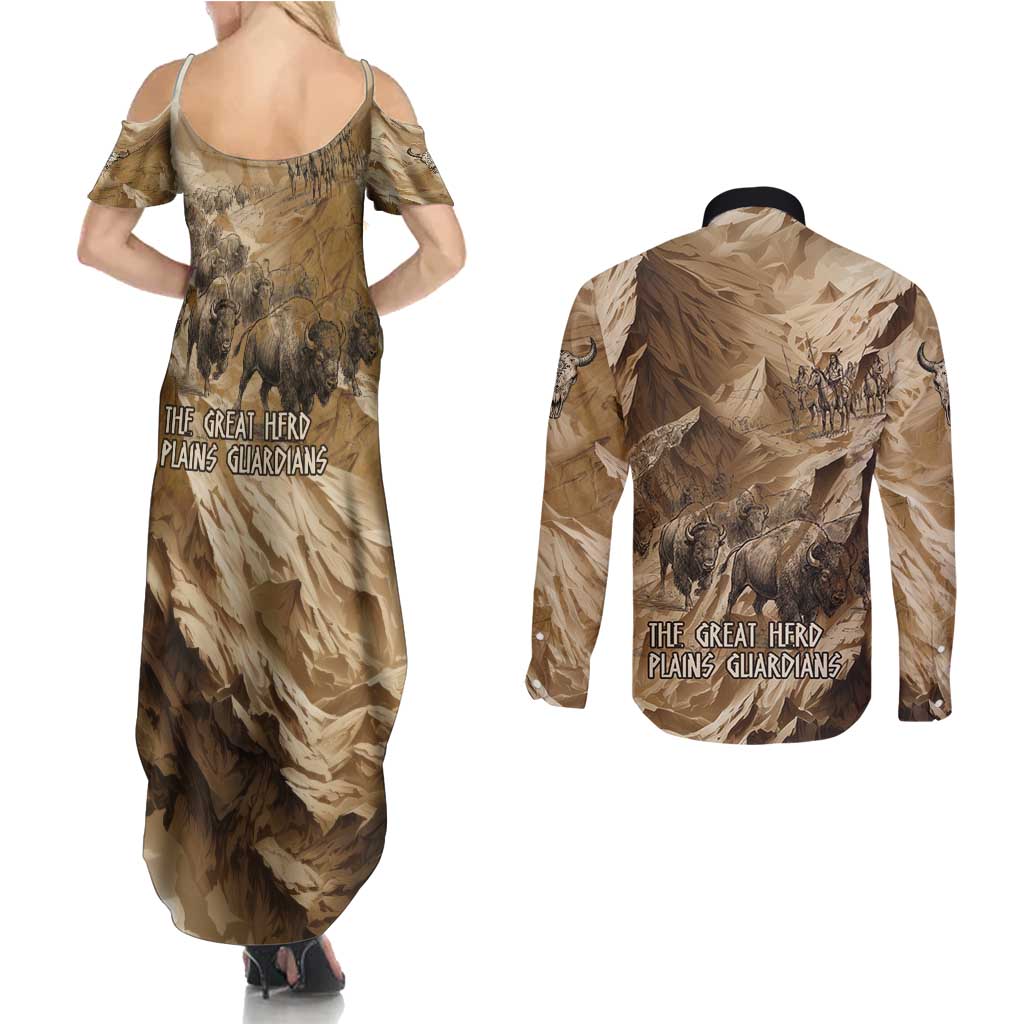 Buffalo Skull Native American Couples Matching Summer Maxi Dress and Long Sleeve Button Shirt Tribal Symbols and Mountain Scene Great Herd and Plains Guardians - Wonder Print Shop