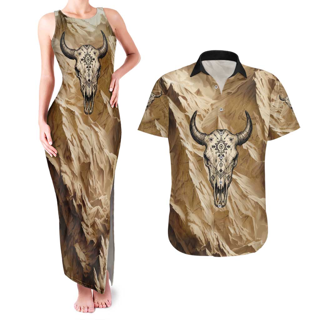 Buffalo Skull Native American Couples Matching Tank Maxi Dress and Hawaiian Shirt Tribal Symbols and Mountain Scene Great Herd and Plains Guardians - Wonder Print Shop