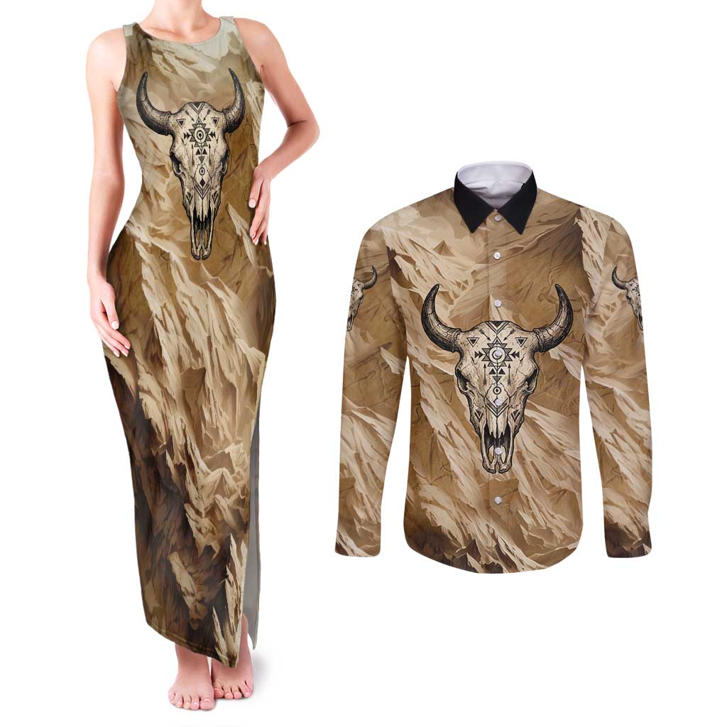 Buffalo Skull Native American Couples Matching Tank Maxi Dress and Long Sleeve Button Shirt Tribal Symbols and Mountain Scene Great Herd and Plains Guardians - Wonder Print Shop