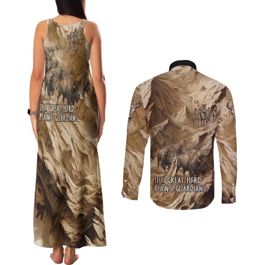 Buffalo Skull Native American Couples Matching Tank Maxi Dress and Long Sleeve Button Shirt Tribal Symbols and Mountain Scene Great Herd and Plains Guardians - Wonder Print Shop