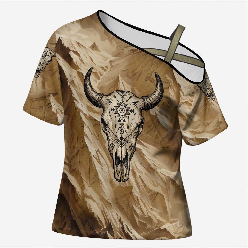 Buffalo Skull Native American Cross Shoulder Shirt Tribal Symbols and Mountain Scene Great Herd and Plains Guardians - Wonder Print Shop