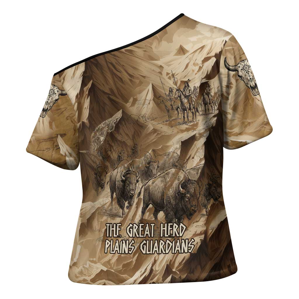 Buffalo Skull Native American Cross Shoulder Shirt Tribal Symbols and Mountain Scene Great Herd and Plains Guardians - Wonder Print Shop