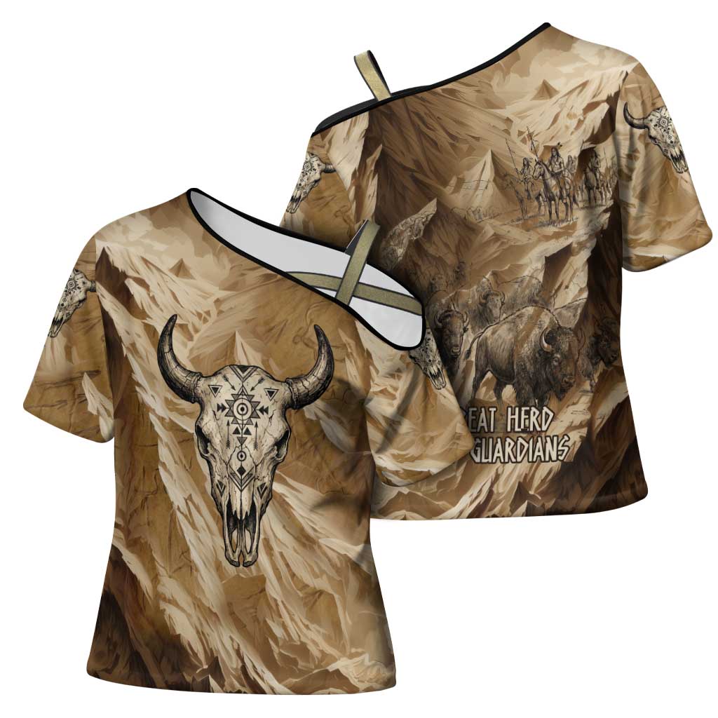 Buffalo Skull Native American Cross Shoulder Shirt Tribal Symbols and Mountain Scene Great Herd and Plains Guardians - Wonder Print Shop