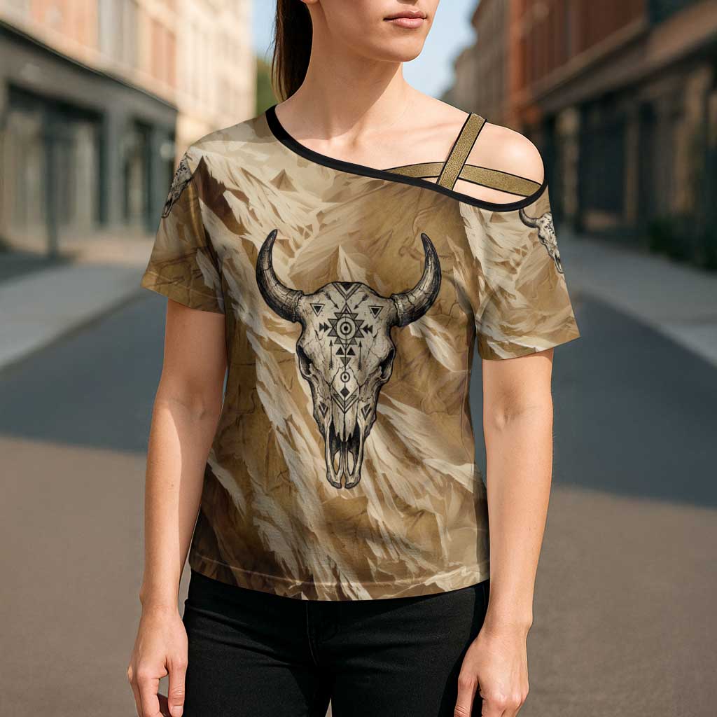 Buffalo Skull Native American Cross Shoulder Shirt Tribal Symbols and Mountain Scene Great Herd and Plains Guardians - Wonder Print Shop