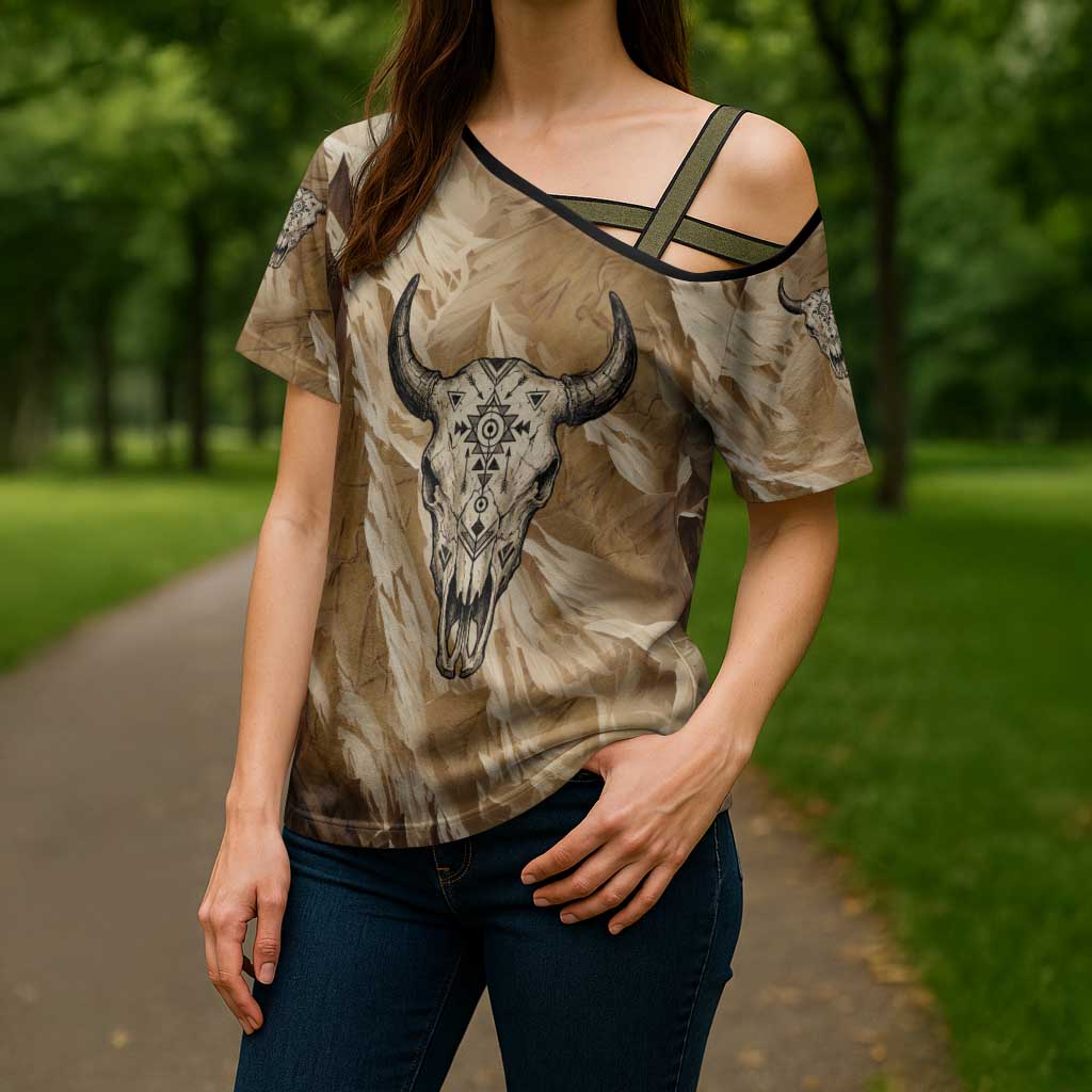 Buffalo Skull Native American Cross Shoulder Shirt Tribal Symbols and Mountain Scene Great Herd and Plains Guardians - Wonder Print Shop