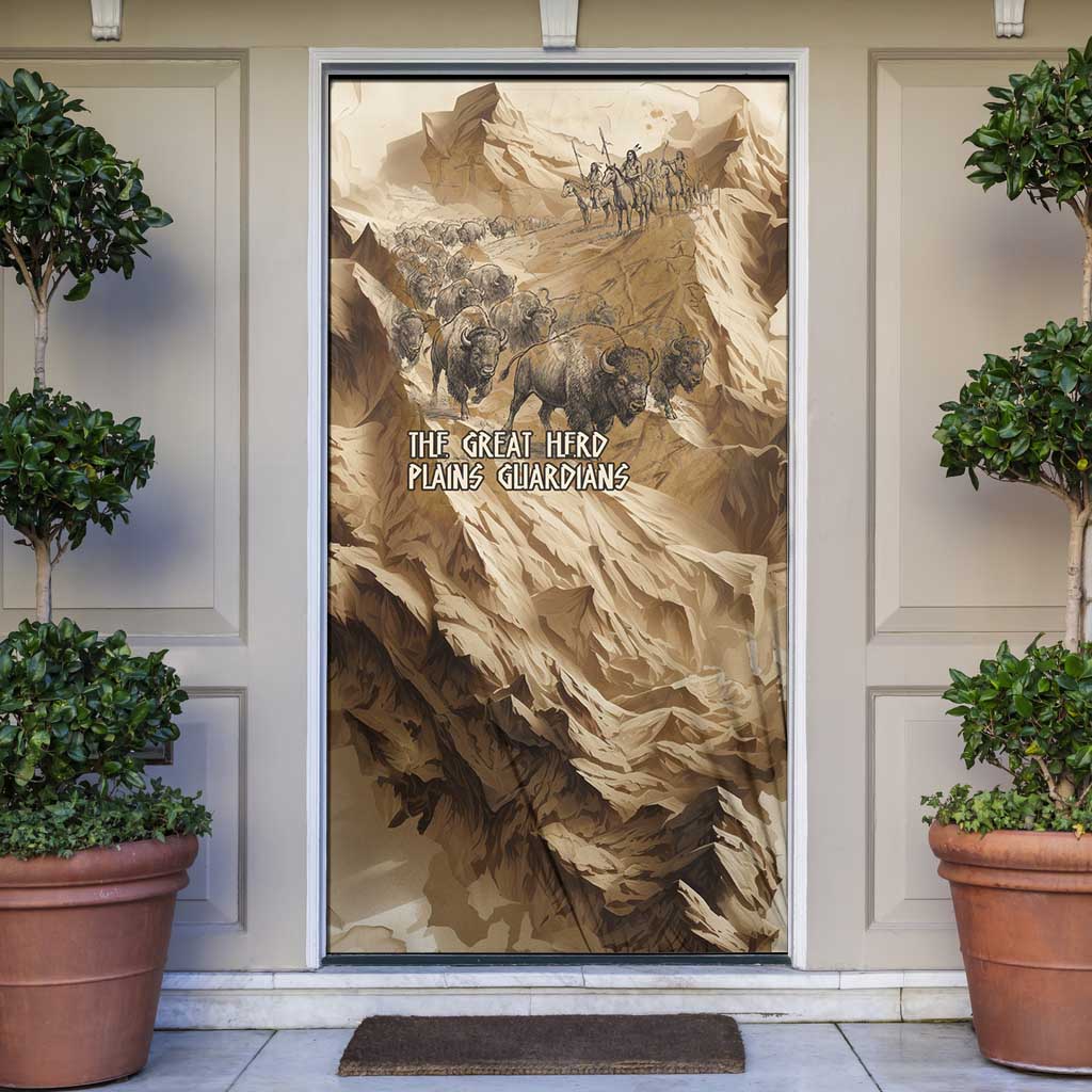 Buffalo Skull Native American Door Cover Tribal Symbols and Mountain Scene Great Herd and Plains Guardians - Wonder Print Shop