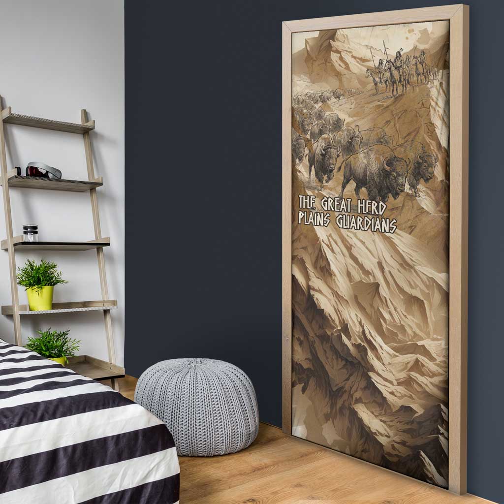 Buffalo Skull Native American Door Cover Tribal Symbols and Mountain Scene Great Herd and Plains Guardians - Wonder Print Shop