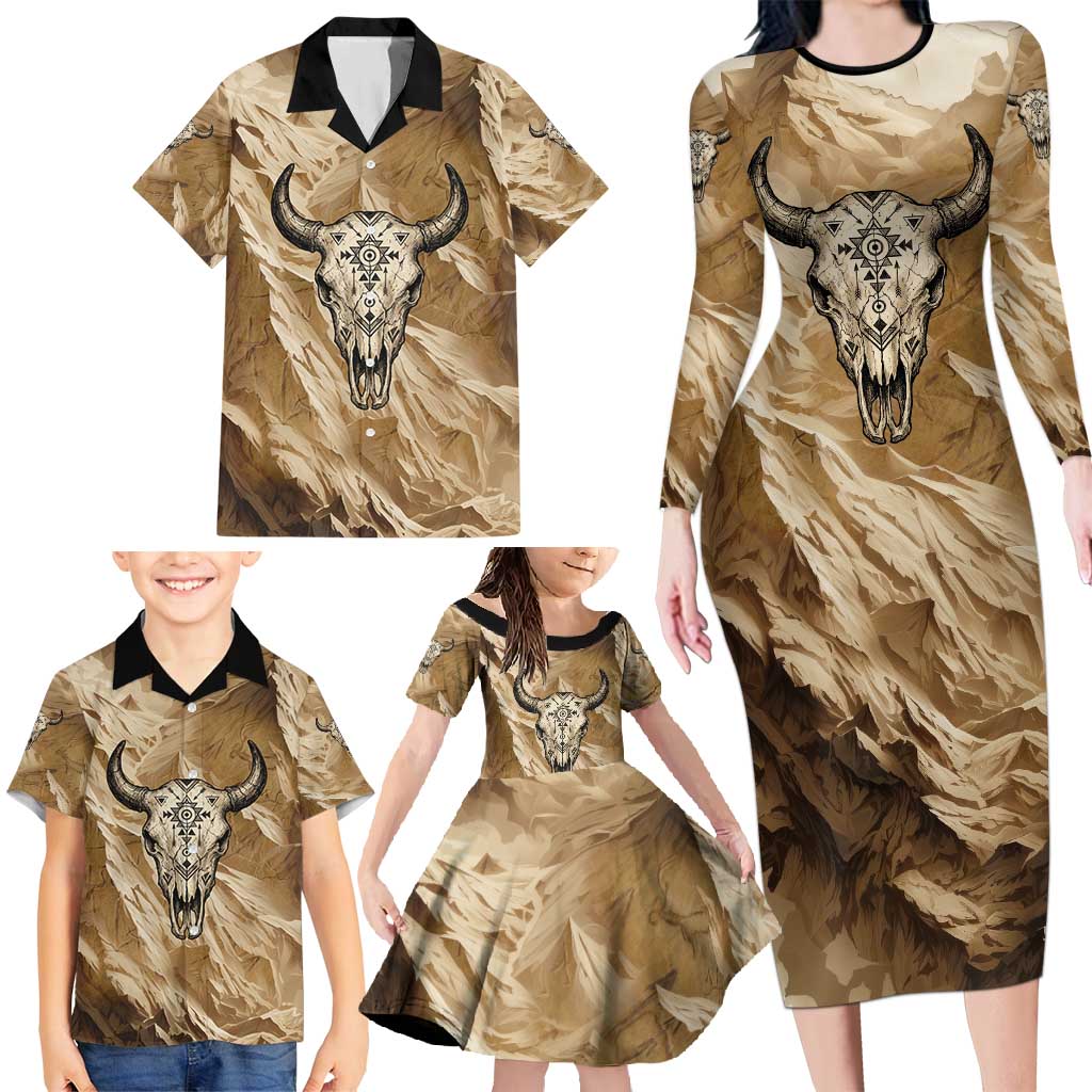 Buffalo Skull Native American Family Matching Long Sleeve Bodycon Dress and Hawaiian Shirt Tribal Symbols and Mountain Scene Great Herd and Plains Guardians - Wonder Print Shop