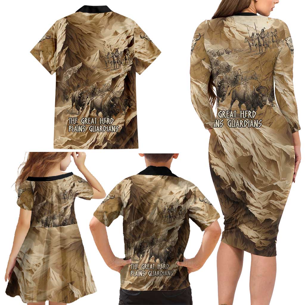 Buffalo Skull Native American Family Matching Long Sleeve Bodycon Dress and Hawaiian Shirt Tribal Symbols and Mountain Scene Great Herd and Plains Guardians - Wonder Print Shop