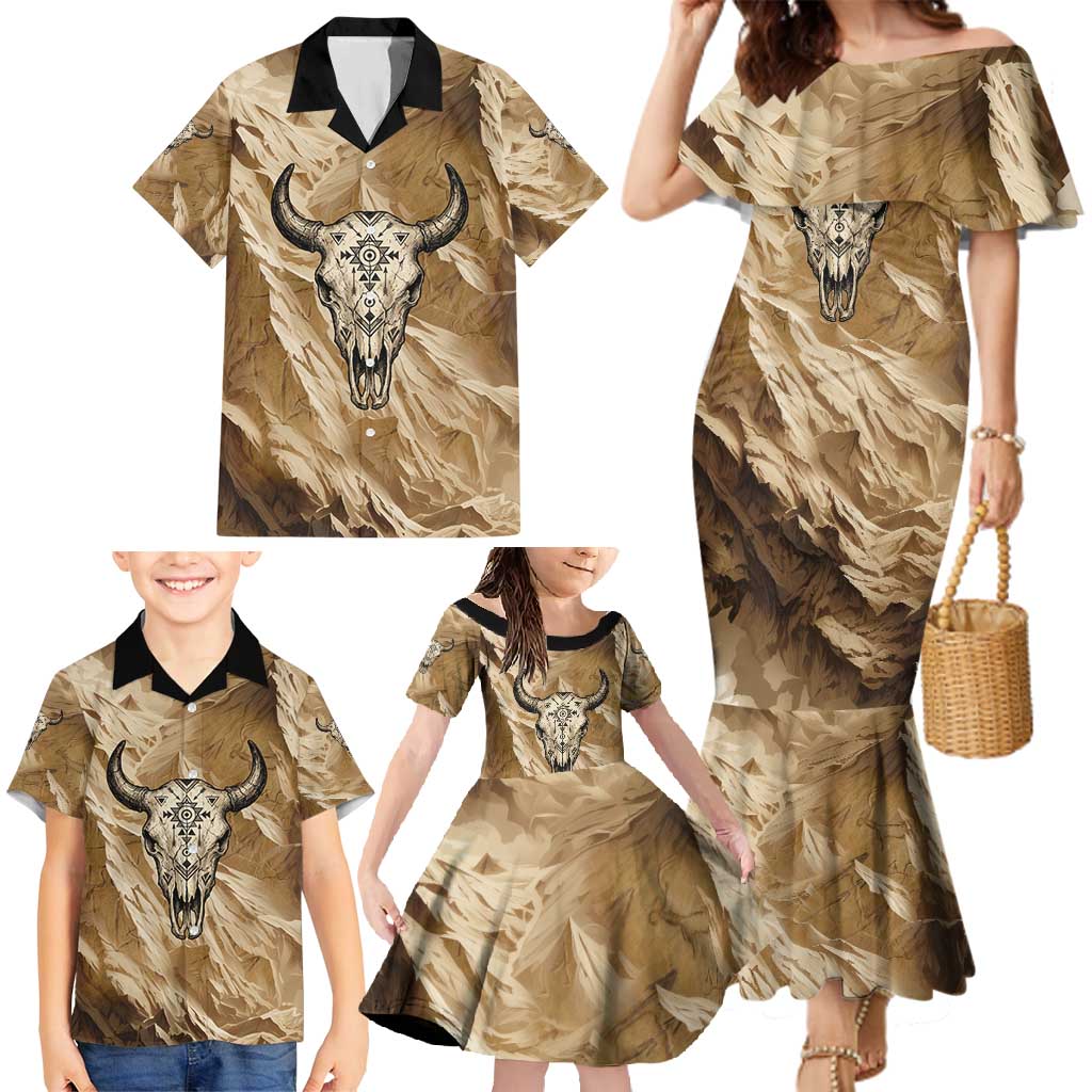 Buffalo Skull Native American Family Matching Mermaid Dress and Hawaiian Shirt Tribal Symbols and Mountain Scene Great Herd and Plains Guardians - Wonder Print Shop