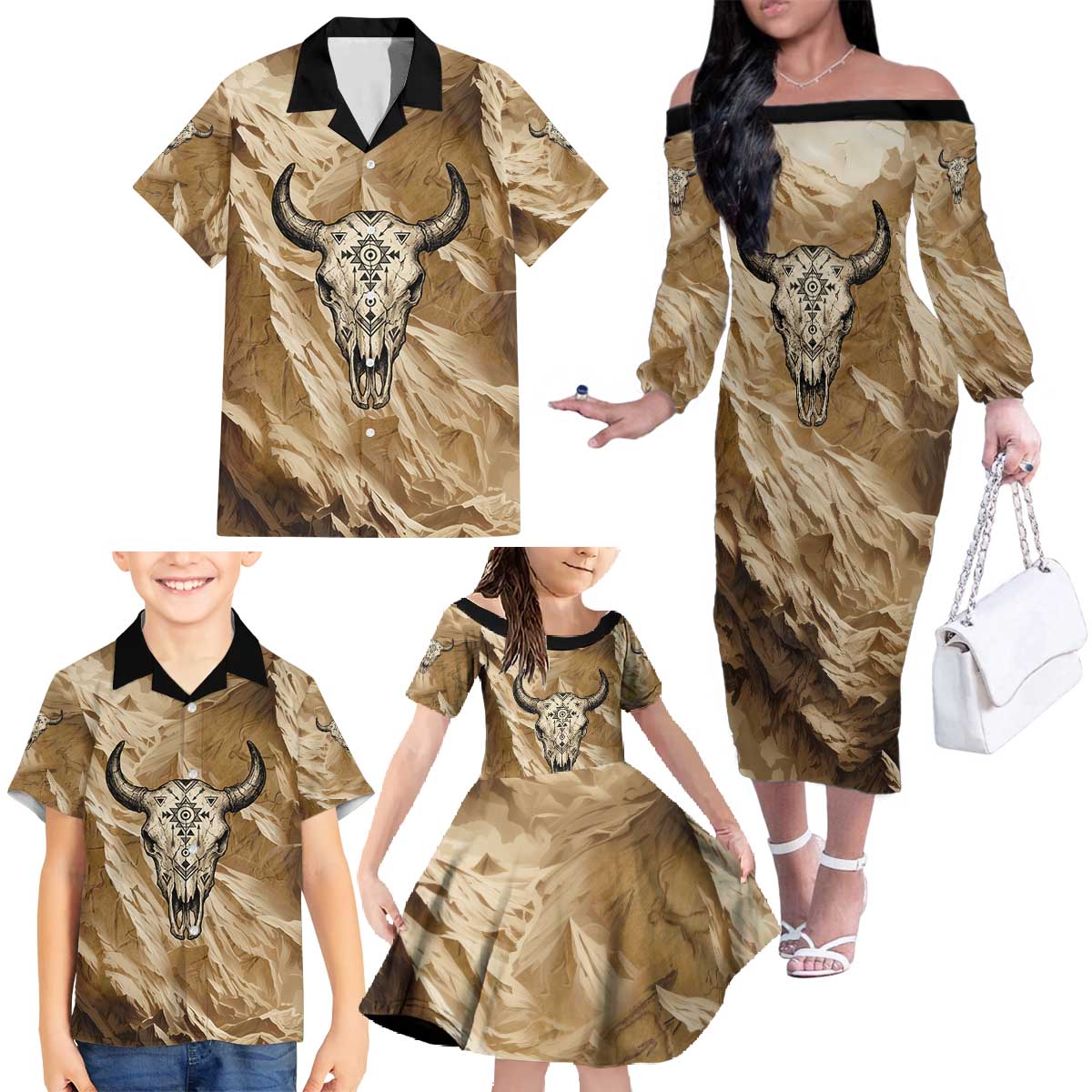 Buffalo Skull Native American Family Matching Off The Shoulder Long Sleeve Dress and Hawaiian Shirt Tribal Symbols and Mountain Scene Great Herd and Plains Guardians - Wonder Print Shop