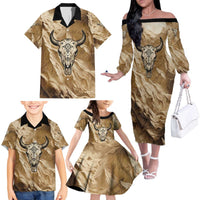 Buffalo Skull Native American Family Matching Off The Shoulder Long Sleeve Dress and Hawaiian Shirt Tribal Symbols and Mountain Scene Great Herd and Plains Guardians - Wonder Print Shop