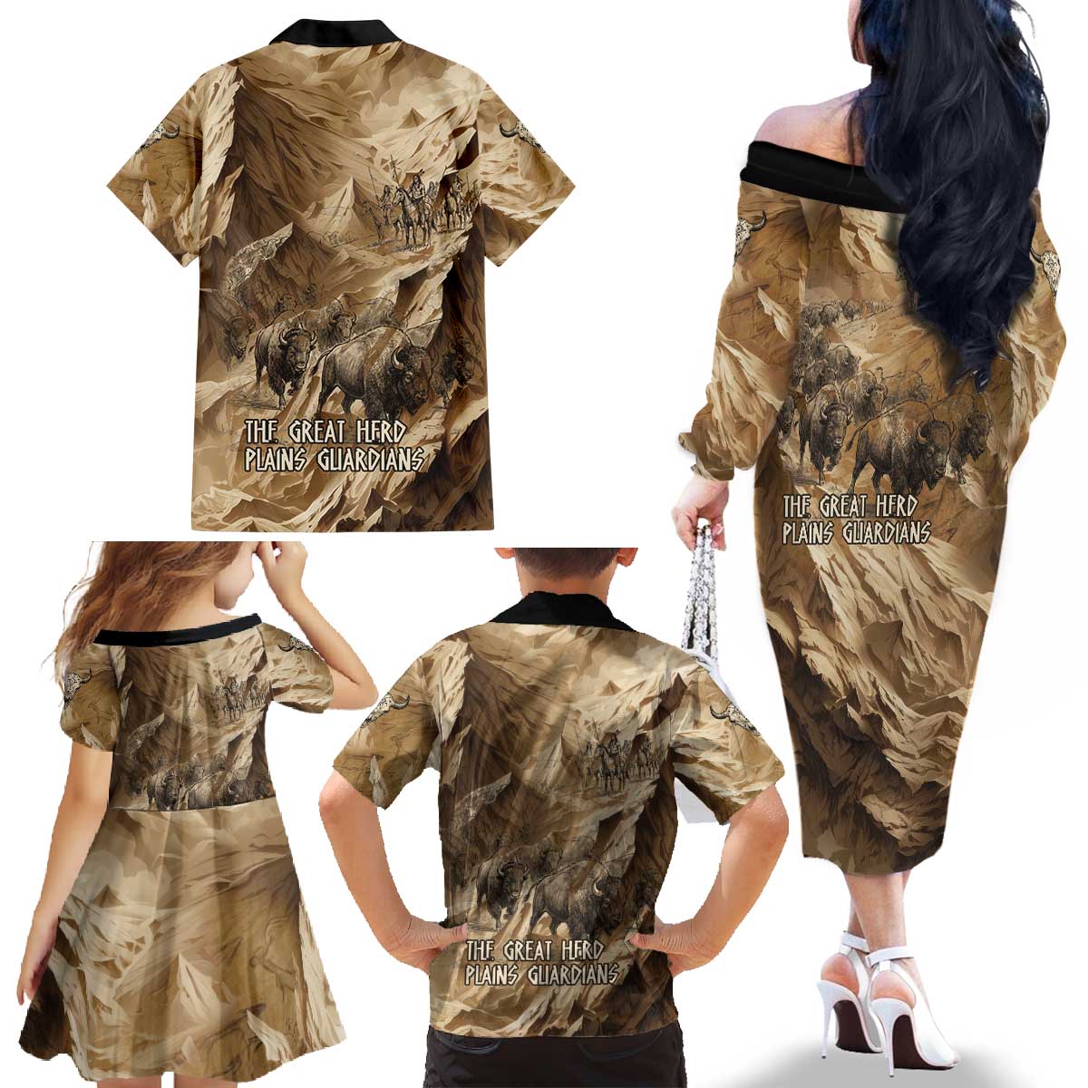 Buffalo Skull Native American Family Matching Off The Shoulder Long Sleeve Dress and Hawaiian Shirt Tribal Symbols and Mountain Scene Great Herd and Plains Guardians - Wonder Print Shop
