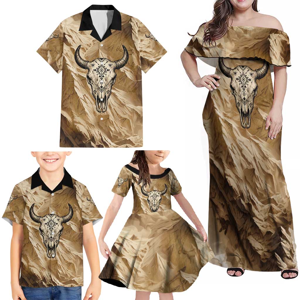Buffalo Skull Native American Family Matching Off Shoulder Maxi Dress and Hawaiian Shirt Tribal Symbols and Mountain Scene Great Herd and Plains Guardians - Wonder Print Shop