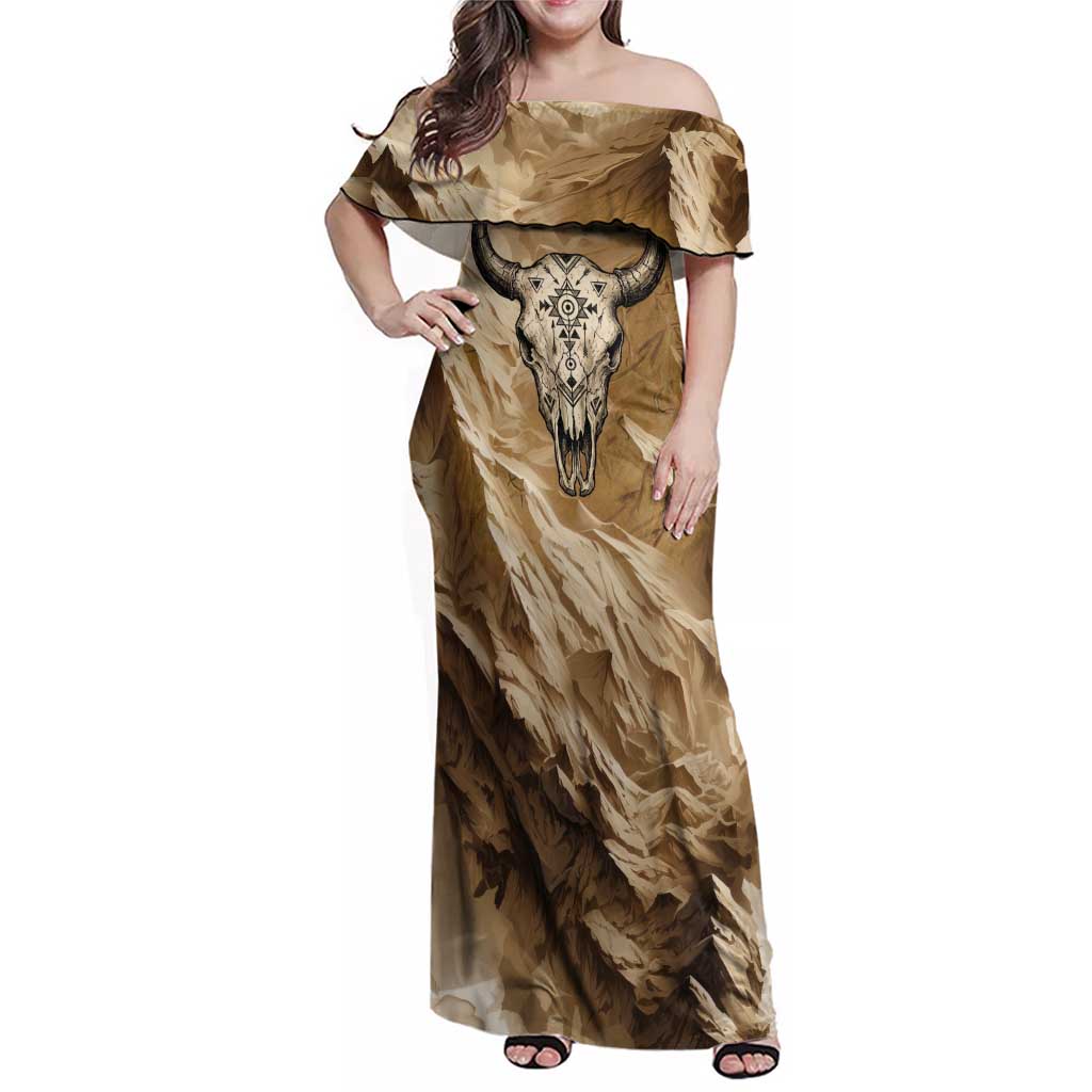Buffalo Skull Native American Family Matching Off Shoulder Maxi Dress and Hawaiian Shirt Tribal Symbols and Mountain Scene Great Herd and Plains Guardians - Wonder Print Shop