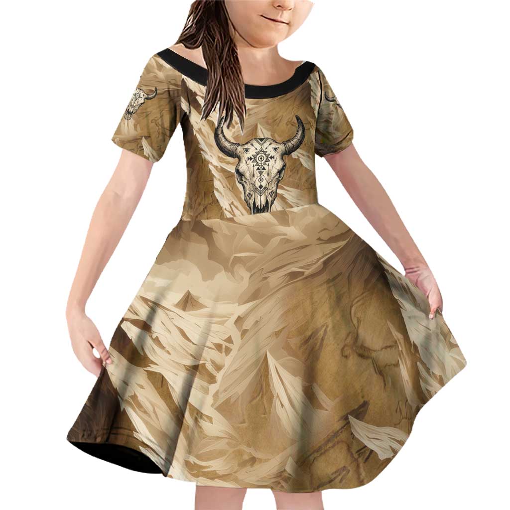 Buffalo Skull Native American Family Matching Off Shoulder Short Dress and Hawaiian Shirt Tribal Symbols and Mountain Scene Great Herd and Plains Guardians - Wonder Print Shop