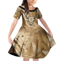 Buffalo Skull Native American Family Matching Off Shoulder Short Dress and Hawaiian Shirt Tribal Symbols and Mountain Scene Great Herd and Plains Guardians - Wonder Print Shop