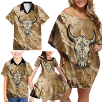 Buffalo Skull Native American Family Matching Off Shoulder Short Dress and Hawaiian Shirt Tribal Symbols and Mountain Scene Great Herd and Plains Guardians - Wonder Print Shop