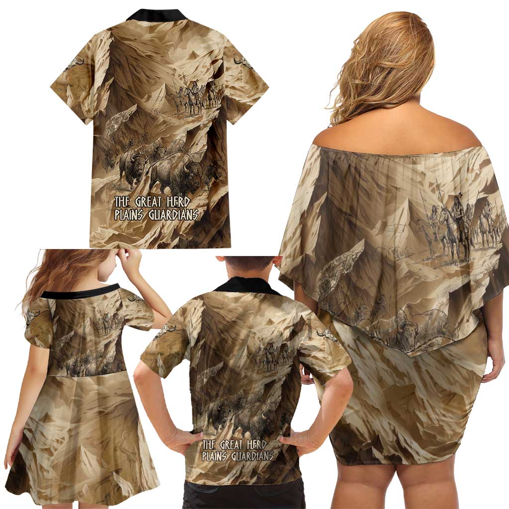 Buffalo Skull Native American Family Matching Off Shoulder Short Dress and Hawaiian Shirt Tribal Symbols and Mountain Scene Great Herd and Plains Guardians - Wonder Print Shop