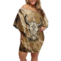 Buffalo Skull Native American Family Matching Off Shoulder Short Dress and Hawaiian Shirt Tribal Symbols and Mountain Scene Great Herd and Plains Guardians - Wonder Print Shop