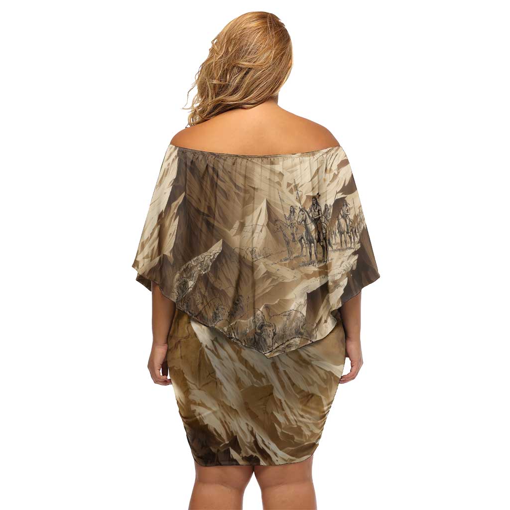 Buffalo Skull Native American Family Matching Off Shoulder Short Dress and Hawaiian Shirt Tribal Symbols and Mountain Scene Great Herd and Plains Guardians - Wonder Print Shop