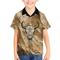 Buffalo Skull Native American Family Matching Off Shoulder Short Dress and Hawaiian Shirt Tribal Symbols and Mountain Scene Great Herd and Plains Guardians - Wonder Print Shop
