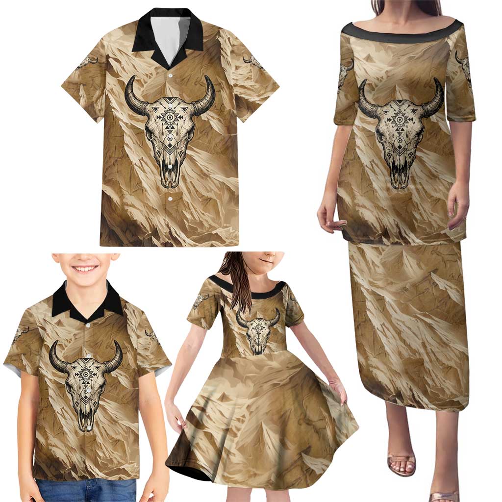 Buffalo Skull Native American Family Matching Puletasi and Hawaiian Shirt Tribal Symbols and Mountain Scene Great Herd and Plains Guardians - Wonder Print Shop