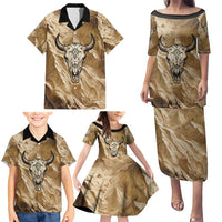 Buffalo Skull Native American Family Matching Puletasi and Hawaiian Shirt Tribal Symbols and Mountain Scene Great Herd and Plains Guardians - Wonder Print Shop