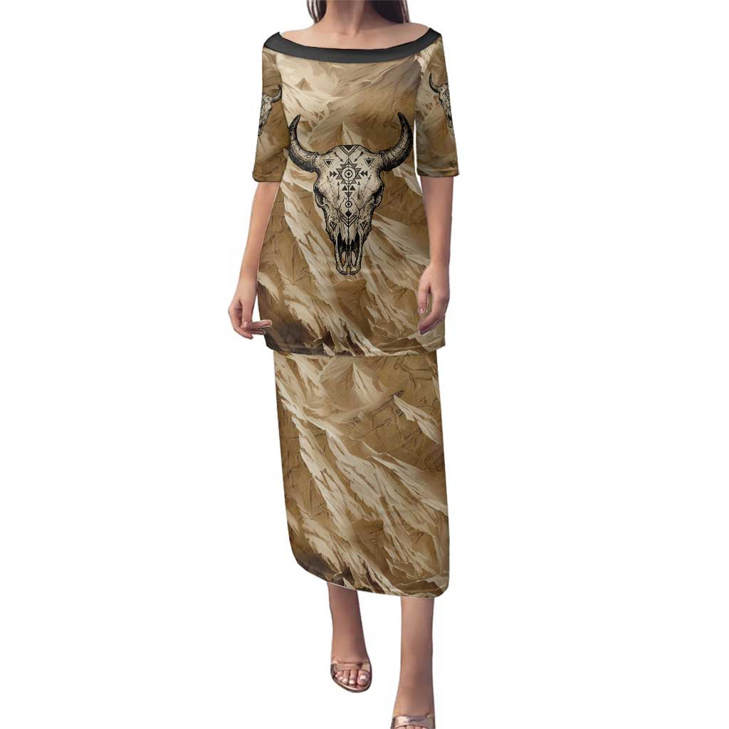 Buffalo Skull Native American Family Matching Puletasi and Hawaiian Shirt Tribal Symbols and Mountain Scene Great Herd and Plains Guardians - Wonder Print Shop