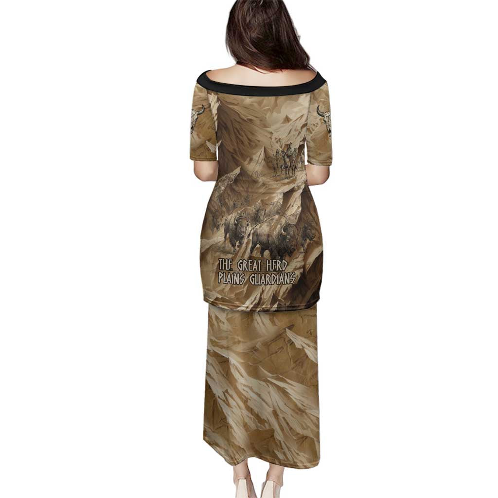 Buffalo Skull Native American Family Matching Puletasi and Hawaiian Shirt Tribal Symbols and Mountain Scene Great Herd and Plains Guardians - Wonder Print Shop