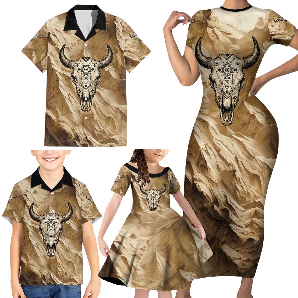 Buffalo Skull Native American Family Matching Short Sleeve Bodycon Dress and Hawaiian Shirt Tribal Symbols and Mountain Scene Great Herd and Plains Guardians - Wonder Print Shop