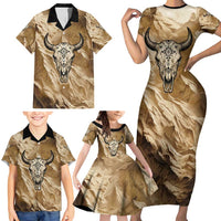 Buffalo Skull Native American Family Matching Short Sleeve Bodycon Dress and Hawaiian Shirt Tribal Symbols and Mountain Scene Great Herd and Plains Guardians - Wonder Print Shop