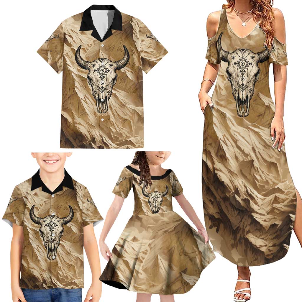 Buffalo Skull Native American Family Matching Summer Maxi Dress and Hawaiian Shirt Tribal Symbols and Mountain Scene Great Herd and Plains Guardians - Wonder Print Shop