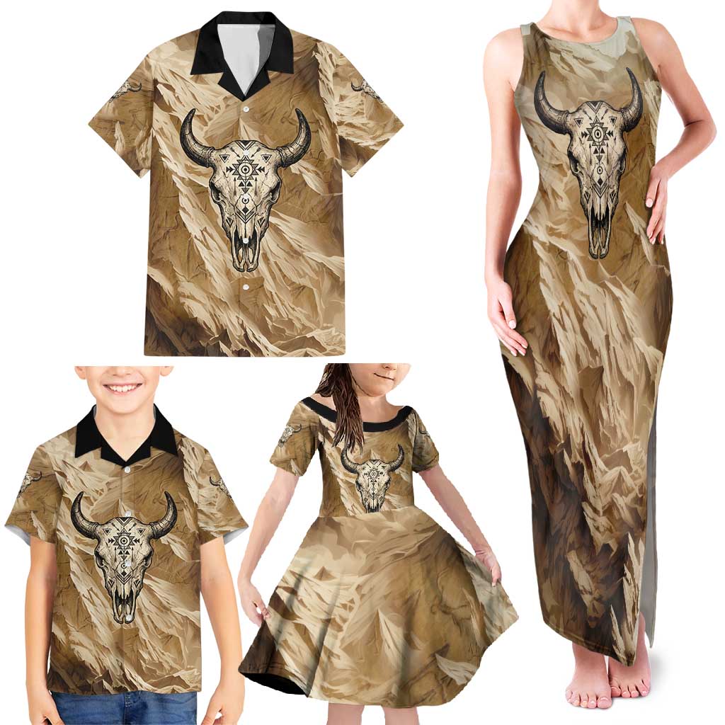 Buffalo Skull Native American Family Matching Tank Maxi Dress and Hawaiian Shirt Tribal Symbols and Mountain Scene Great Herd and Plains Guardians - Wonder Print Shop