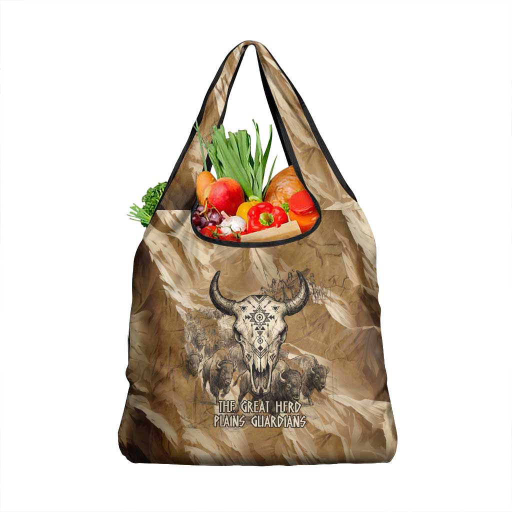 Buffalo Skull Native American Grocery Bag Tribal Symbols and Mountain Scene Great Herd and Plains Guardians - Wonder Print Shop