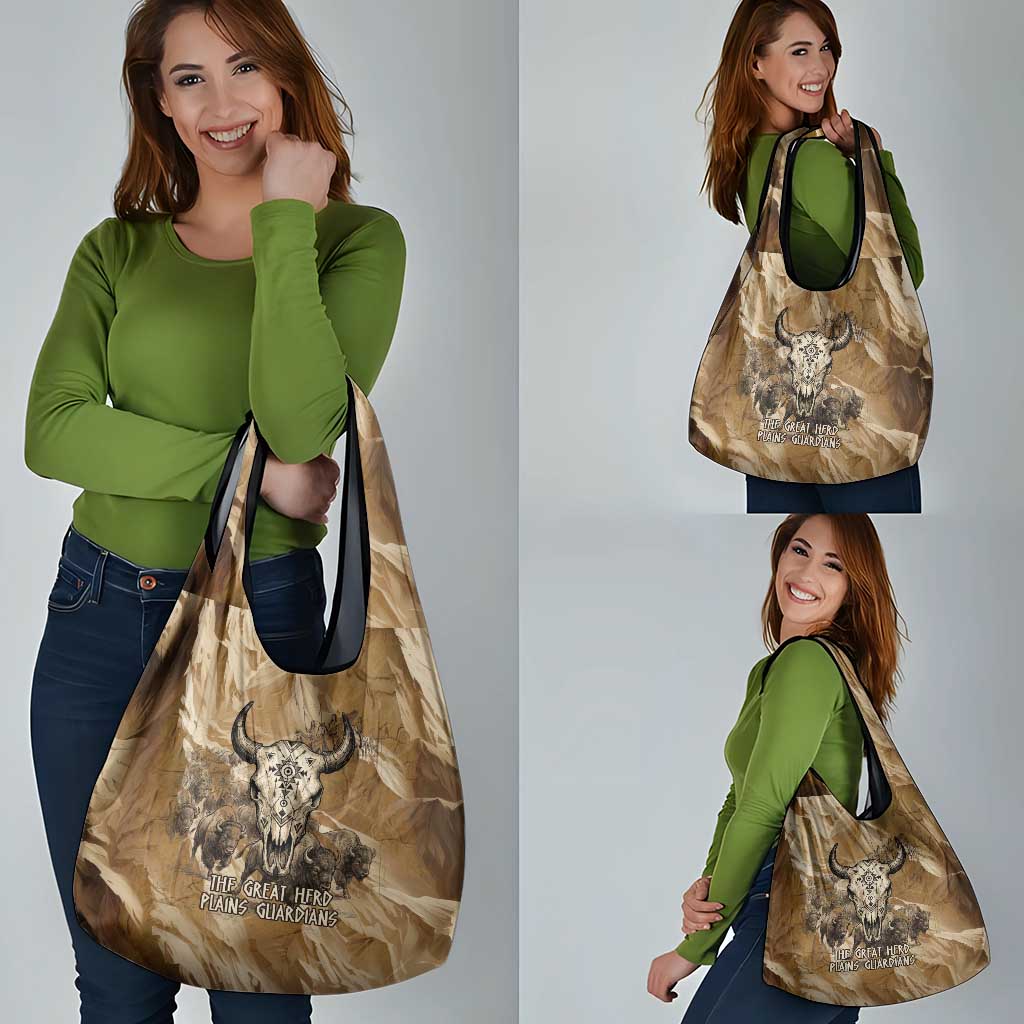 Buffalo Skull Native American Grocery Bag Tribal Symbols and Mountain Scene Great Herd and Plains Guardians - Wonder Print Shop