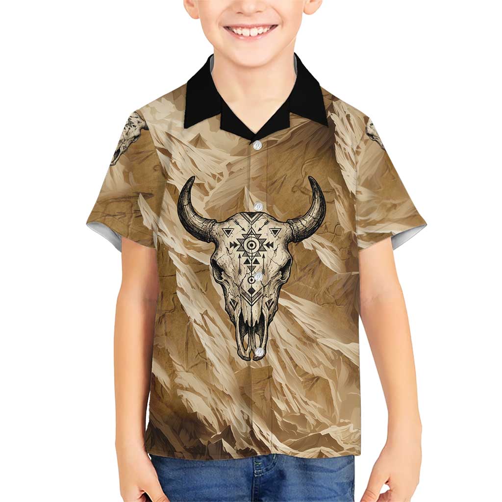 Buffalo Skull Native American Hawaiian Shirt Tribal Symbols and Mountain Scene Great Herd and Plains Guardians - Wonder Print Shop