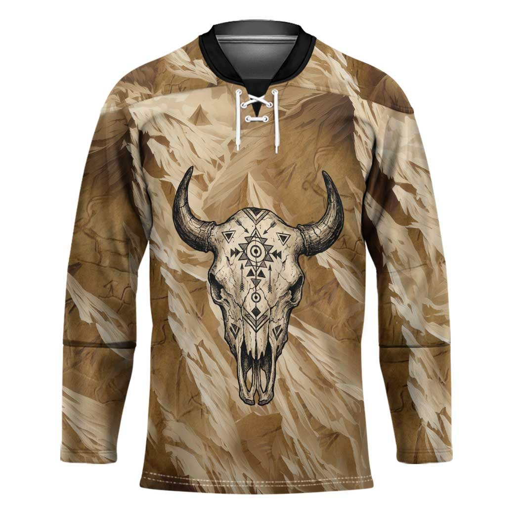 Buffalo Skull Native American Hockey Jersey Tribal Symbols and Mountain Scene Great Herd and Plains Guardians - Wonder Print Shop