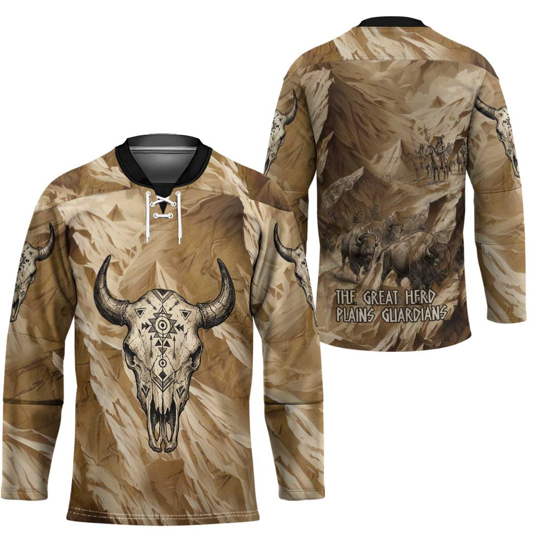 Buffalo Skull Native American Hockey Jersey Tribal Symbols and Mountain Scene Great Herd and Plains Guardians - Wonder Print Shop