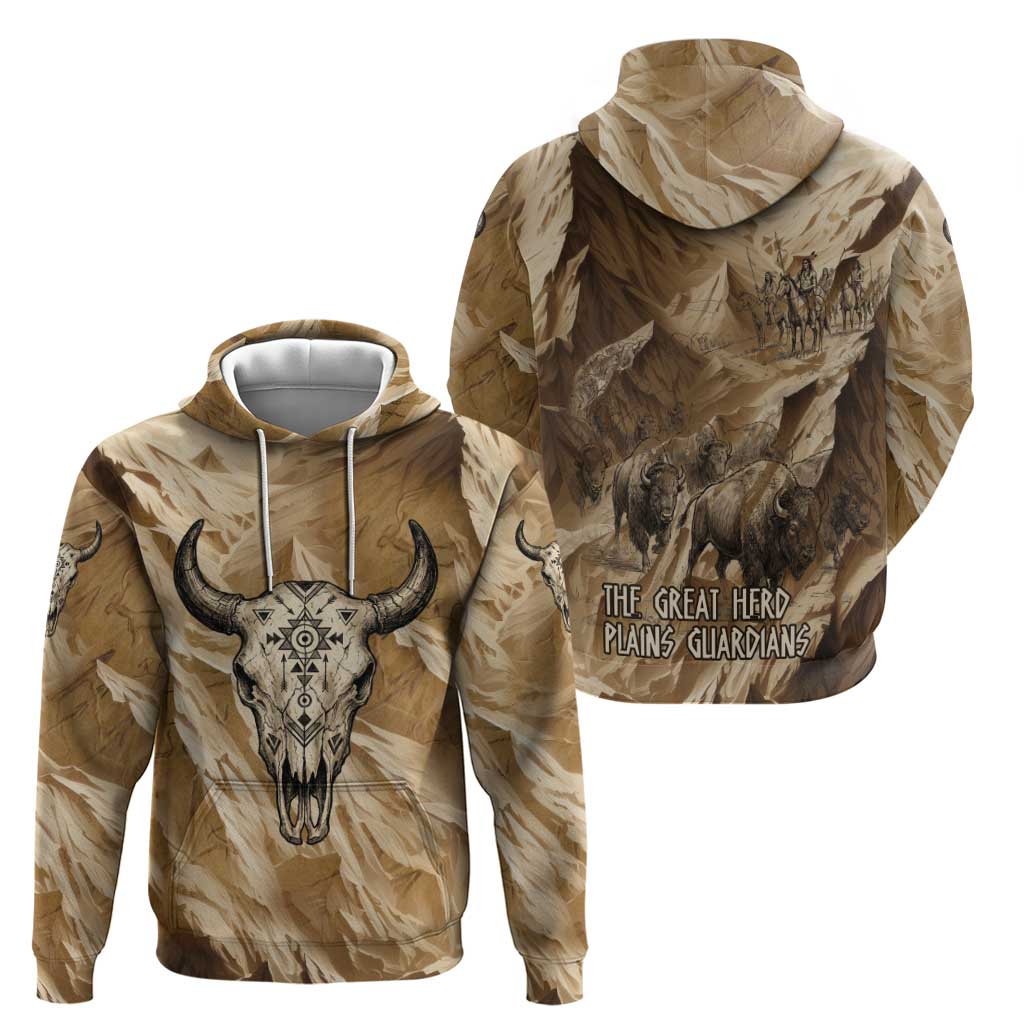 Buffalo Skull Native American Hoodie Tribal Symbols and Mountain Scene Great Herd and Plains Guardians - Wonder Print Shop