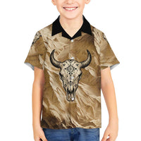 Buffalo Skull Native American Kid Hawaiian Shirt Tribal Symbols and Mountain Scene Great Herd and Plains Guardians - Wonder Print Shop