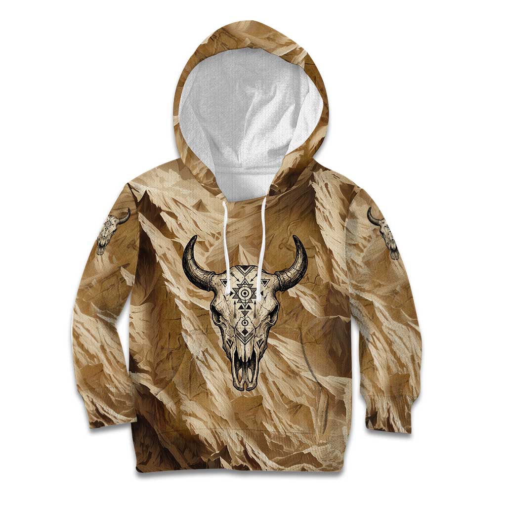 Buffalo Skull Native American Kid Hoodie Tribal Symbols and Mountain Scene Great Herd and Plains Guardians - Wonder Print Shop