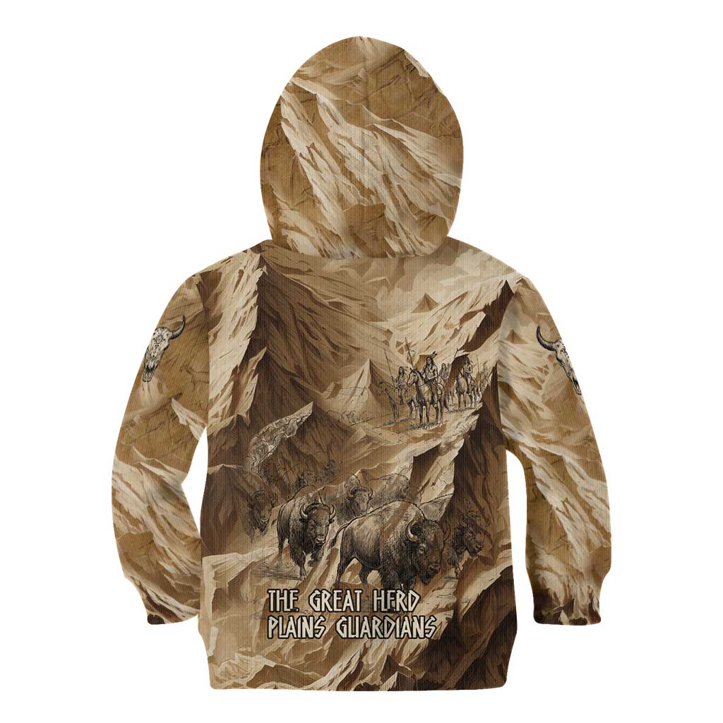 Buffalo Skull Native American Kid Hoodie Tribal Symbols and Mountain Scene Great Herd and Plains Guardians - Wonder Print Shop